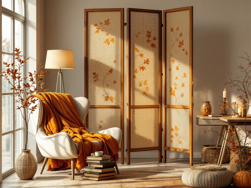 cozy fall themed room with a folding screen