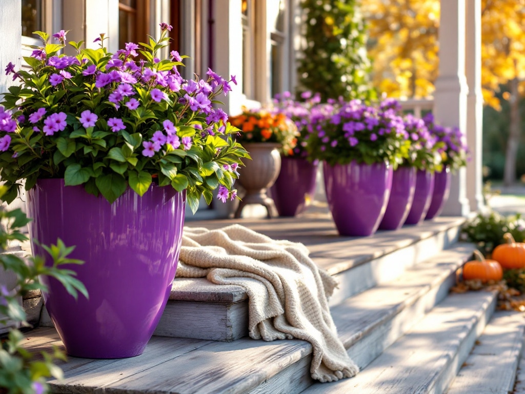 planters purple on porch