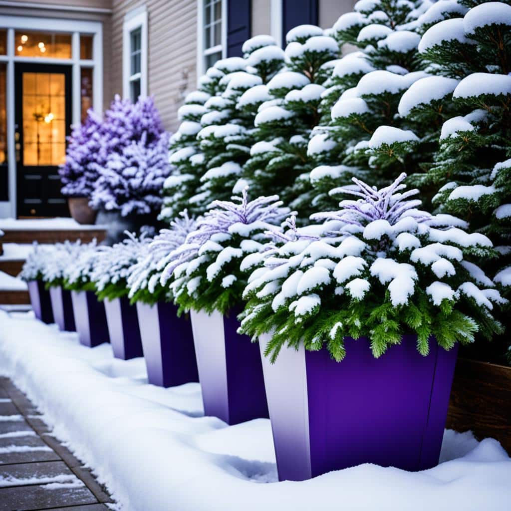 purple planters in winter