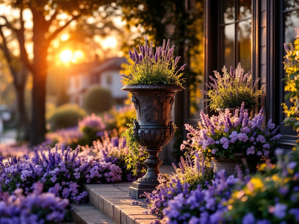 purple planters porch