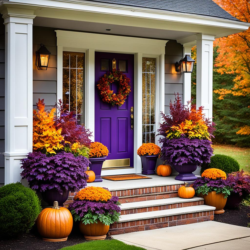 purple planters with fall foliage