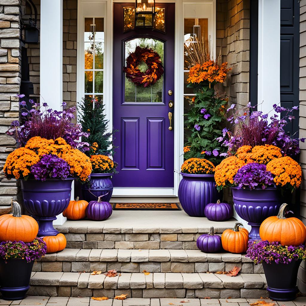 purple planters with pumpkins