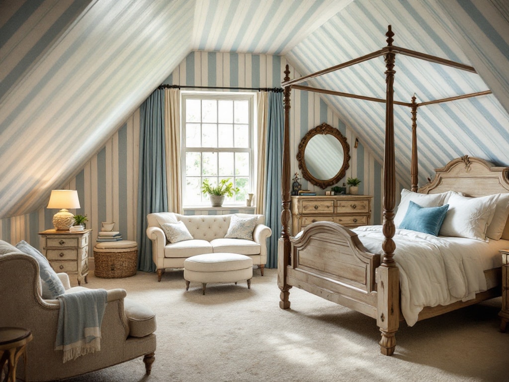 striped attic bedroom