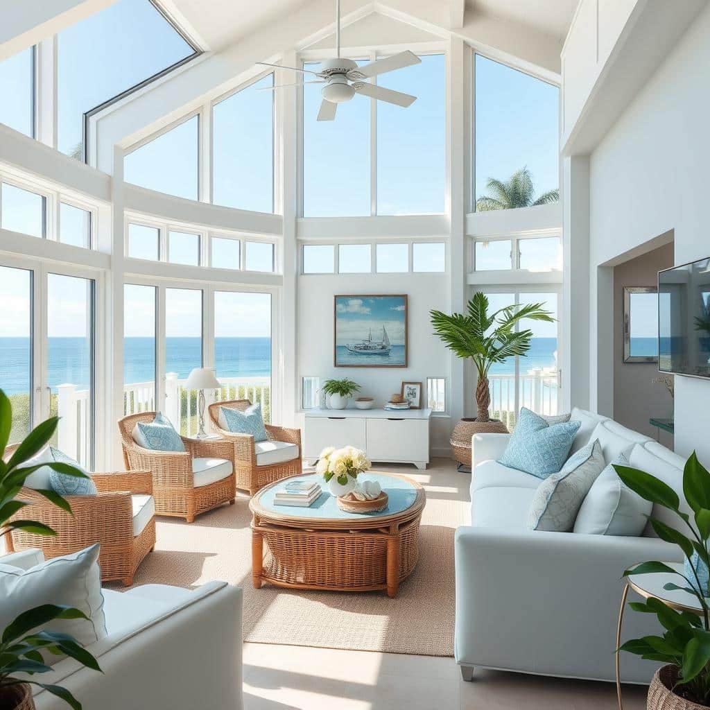 A bright and airy coastal living room featuring large windows with ocean views