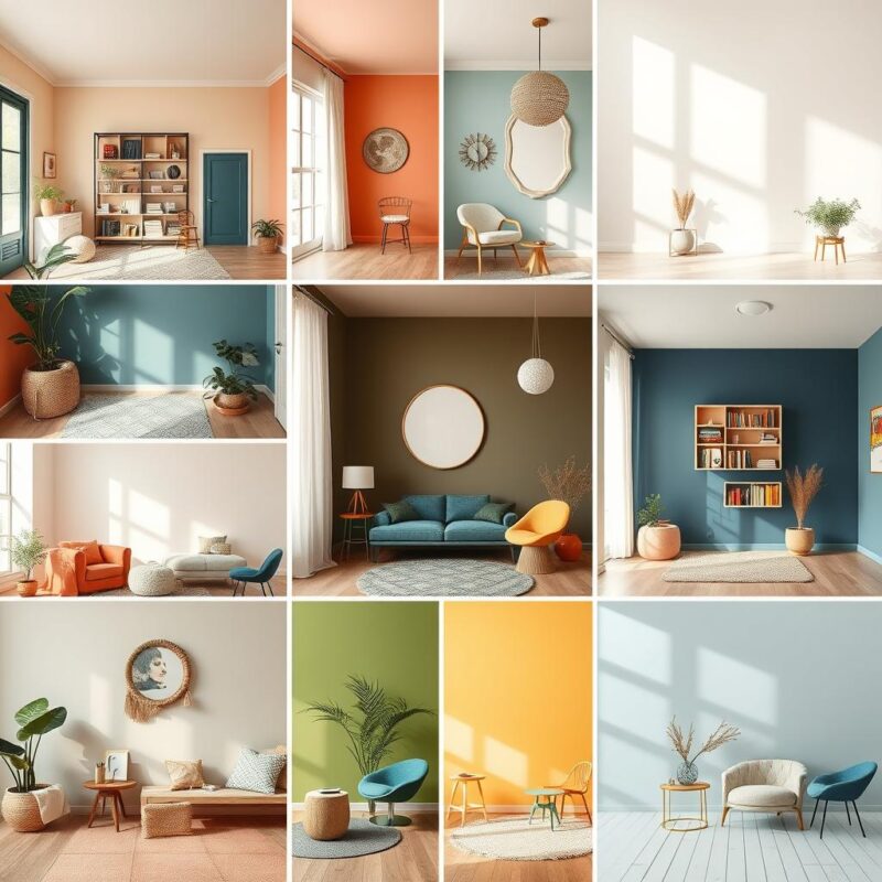 A collage of diverse interior spaces each showcasing a unique color palette and design style