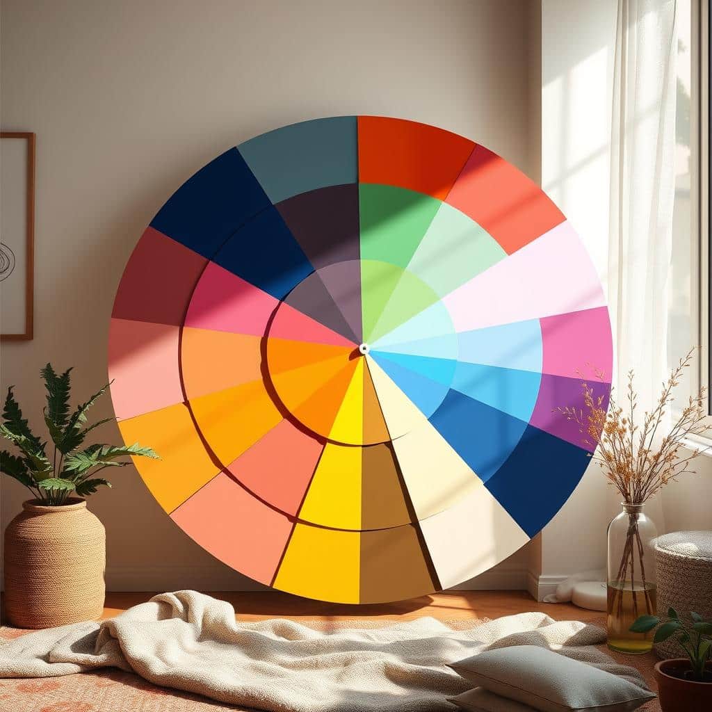 A color wheel displaying a wide range of modern hues from bold primaries to muted pastels and sophisticated neutrals