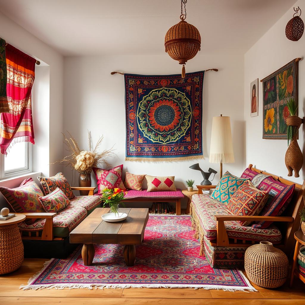 A cozy bohemian interior design featuring an eclectic mix of vibrant textiles