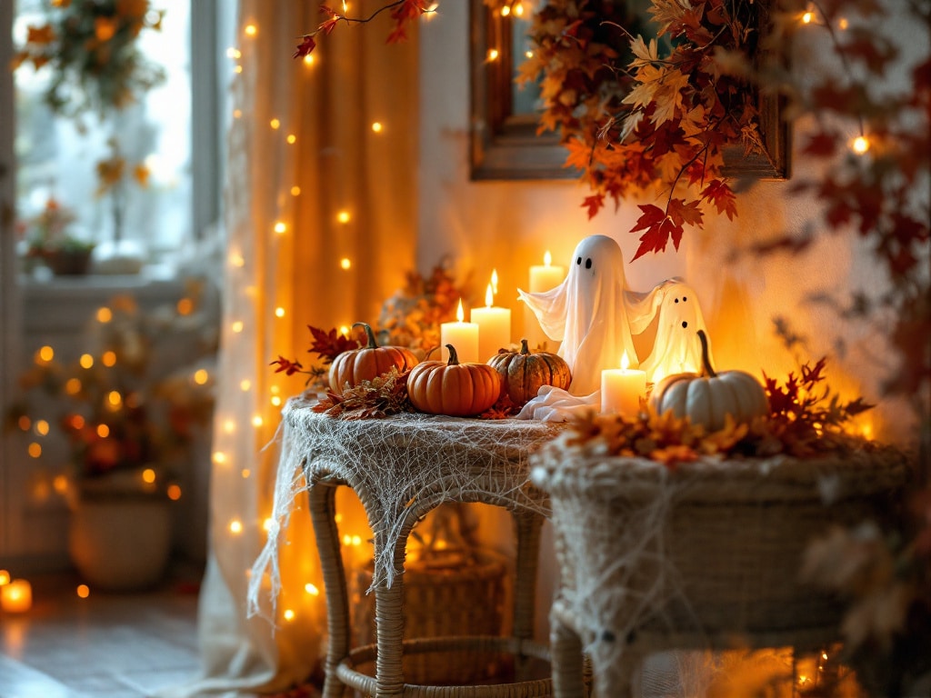 A cozy fall entryway featuring a wicker accent table