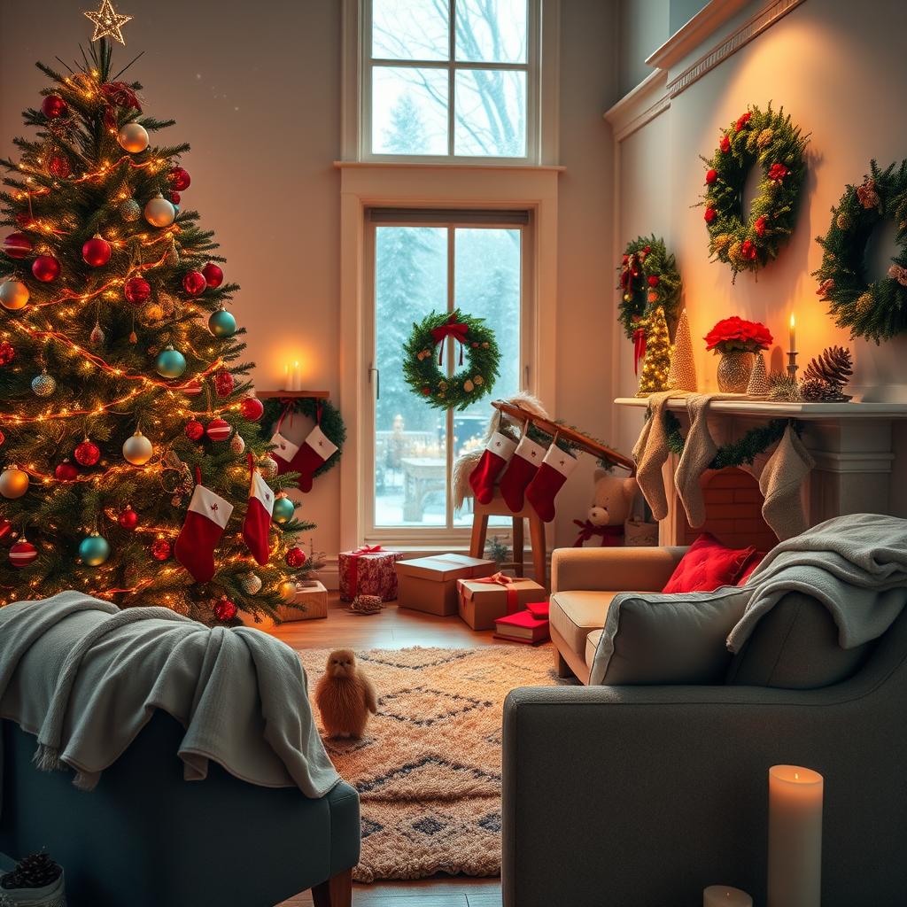 A cozy living room adorned for Christmas