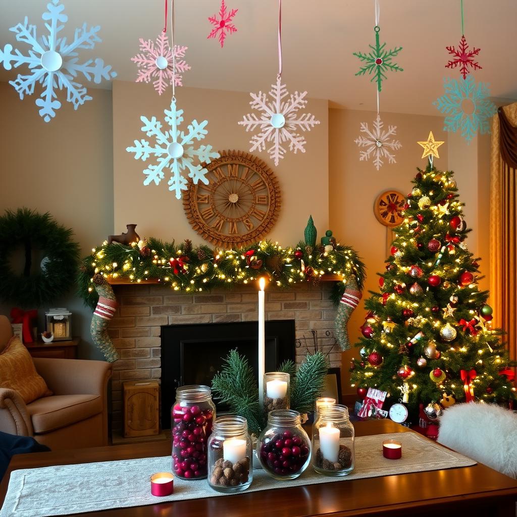 A cozy living room adorned with colorful handmade Christmas decorations