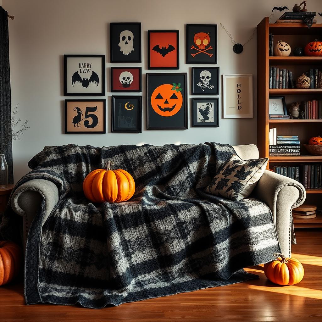 A cozy living room with a Halloween quilt