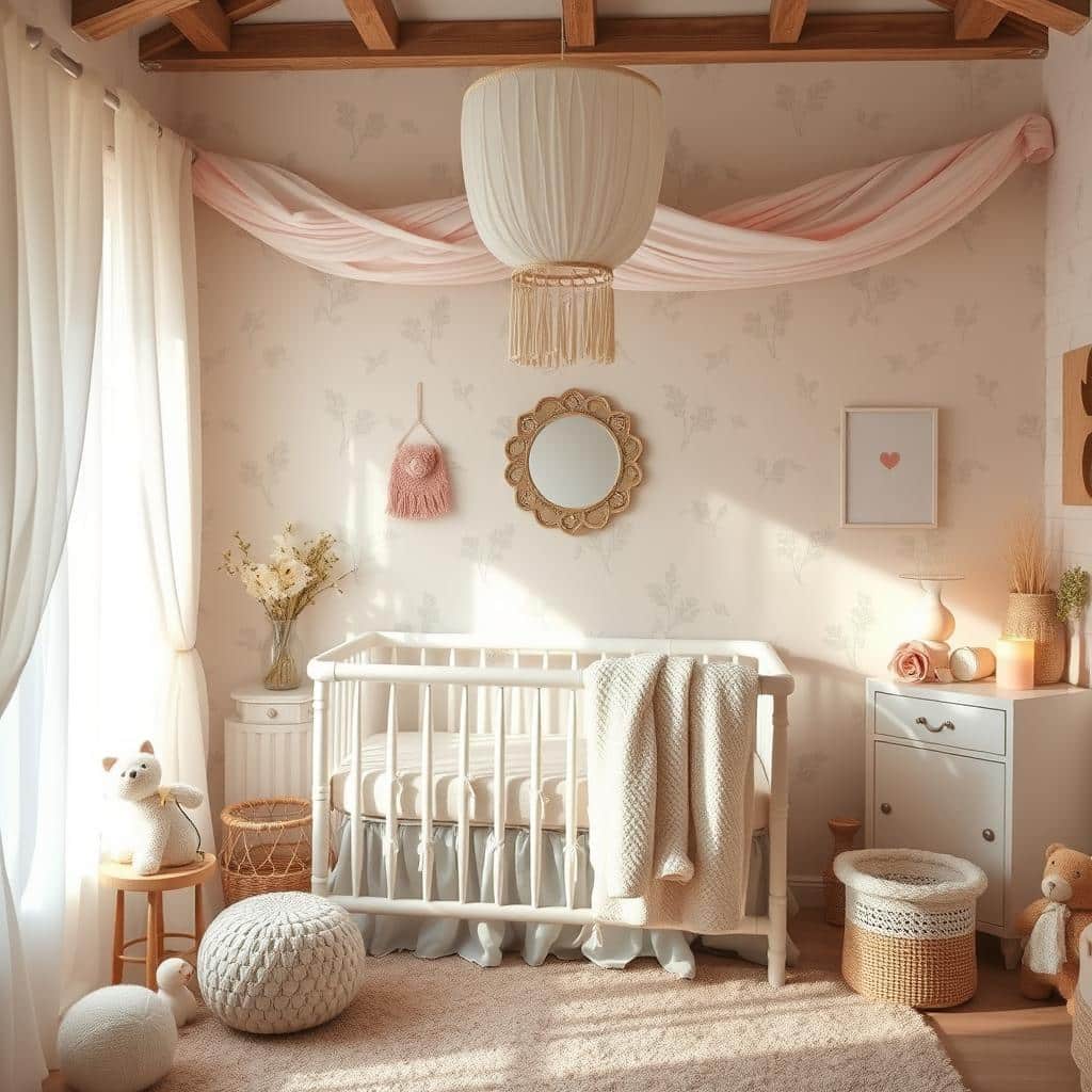 A dreamy nursery decorated in soft pastel tones