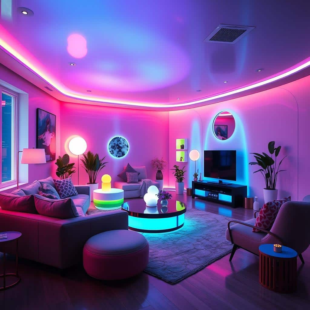 A futuristic living room showcasing smart color technology