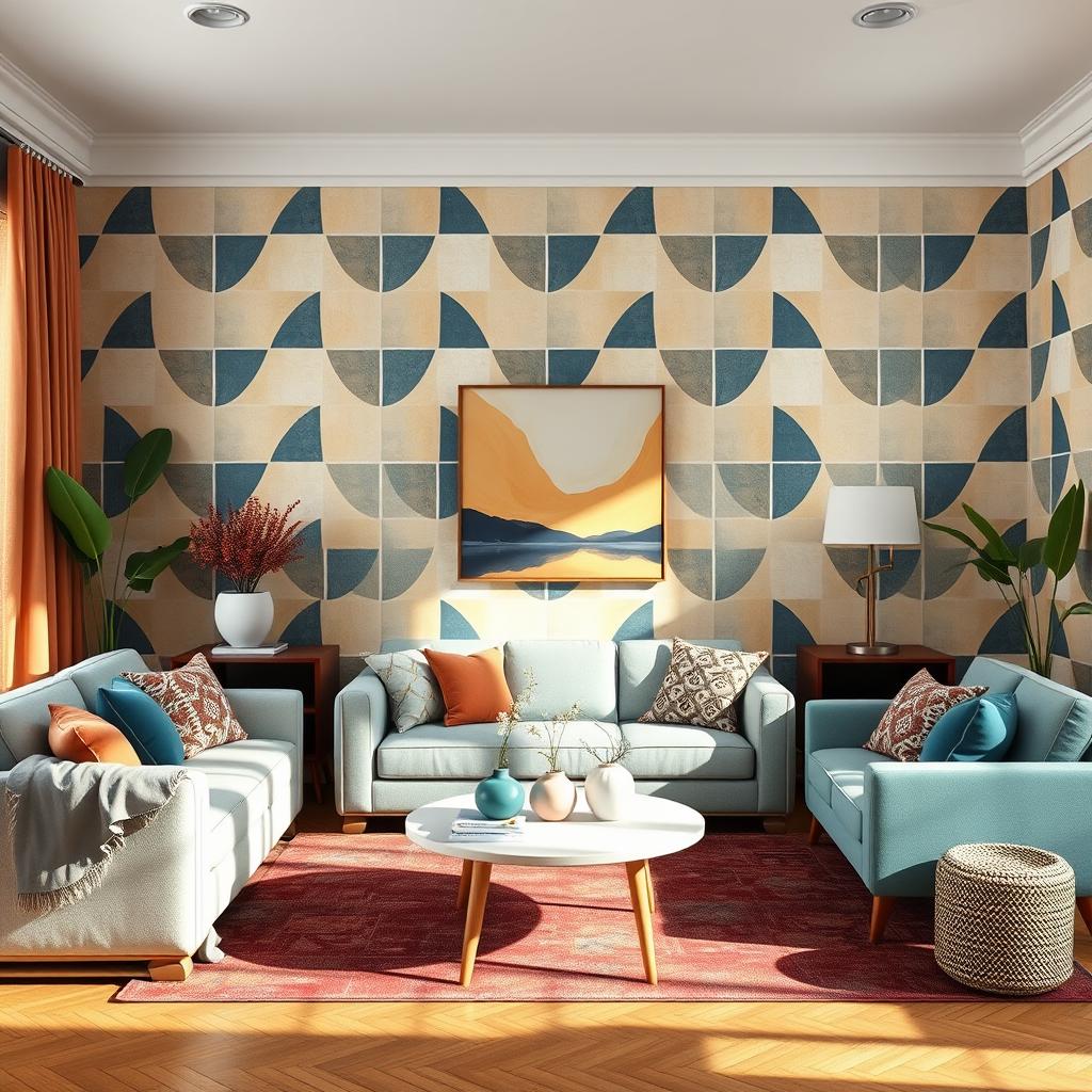 A living room featuring a striking geometric wallpaper in modern colors