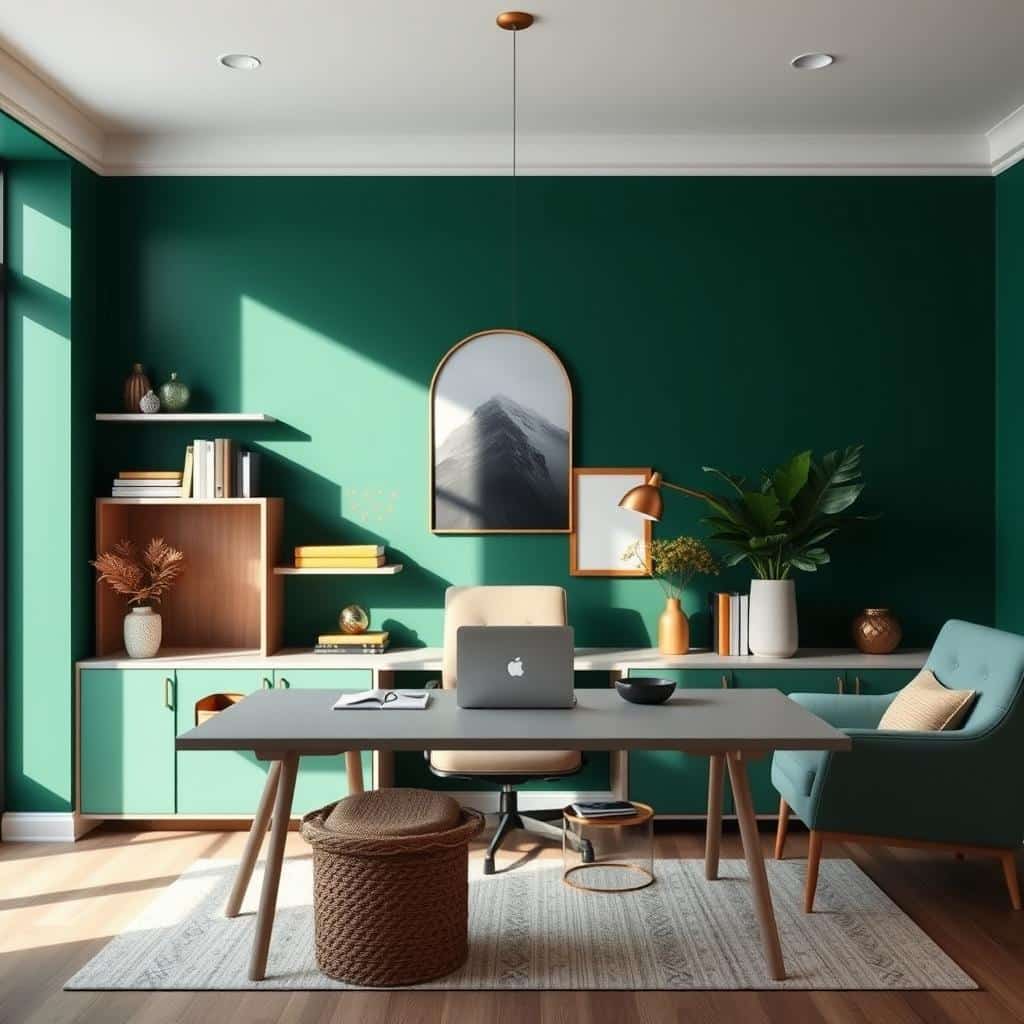 A modern home office featuring a bold emerald green accent wall