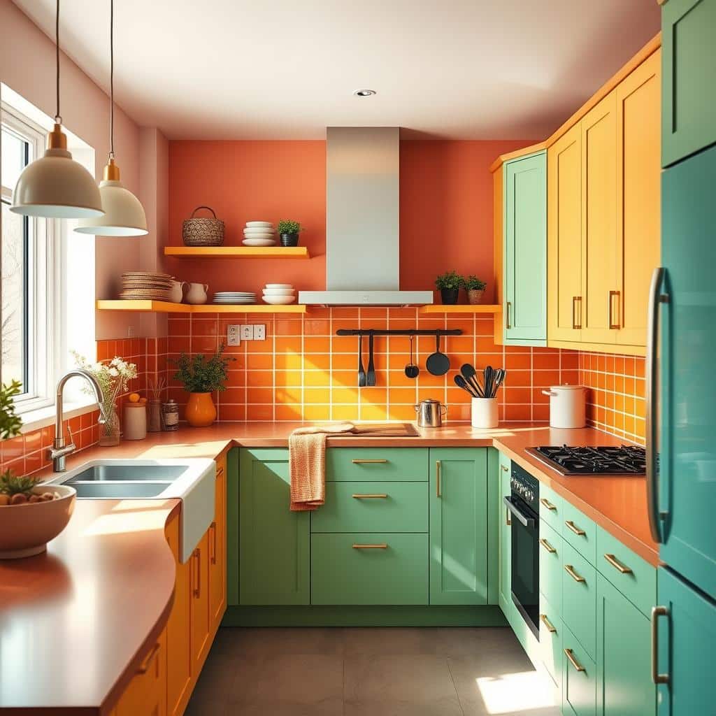 A modern kitchen featuring a bold color scheme with bright cabinets