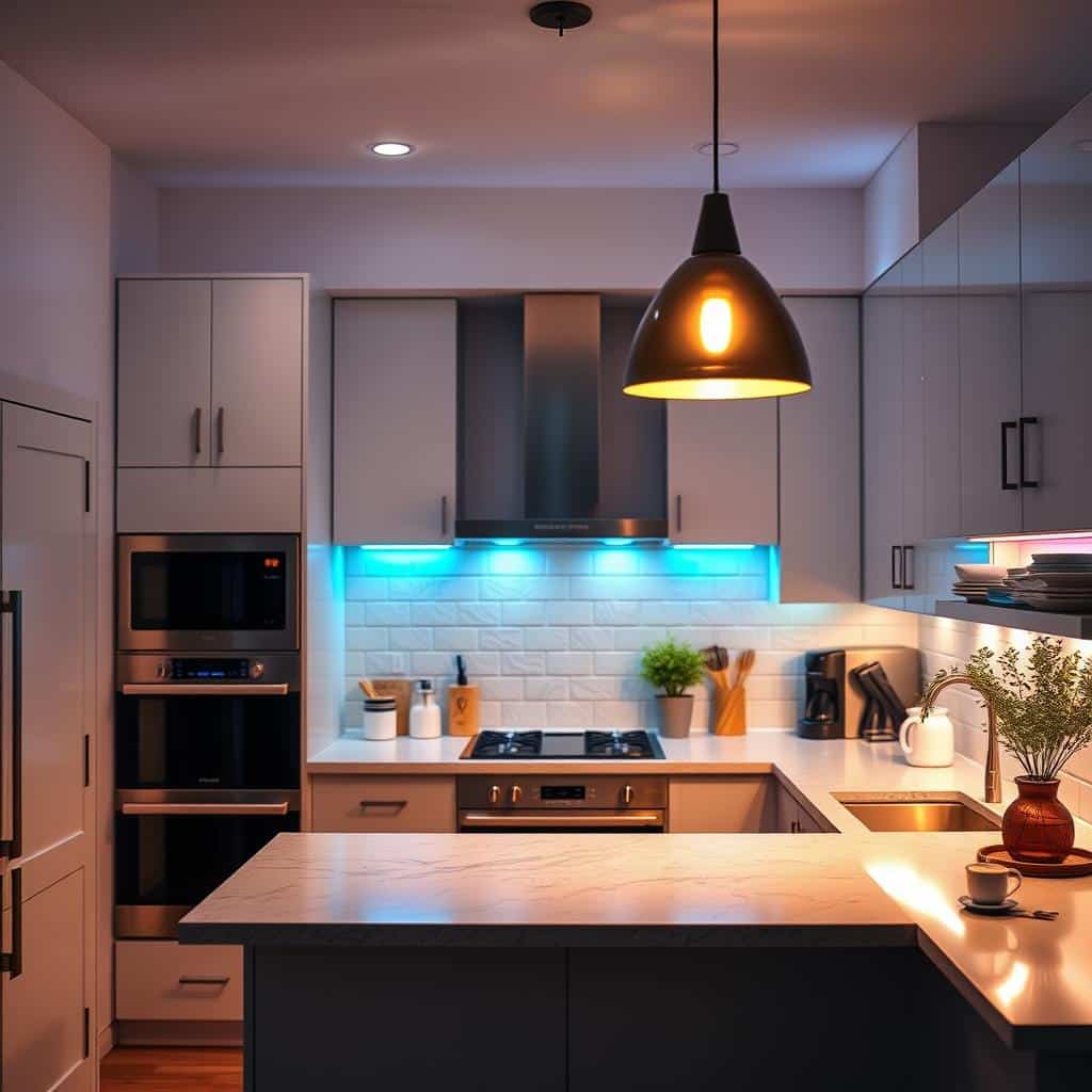 A modern kitchen featuring color changing LED strip lights under cabinets