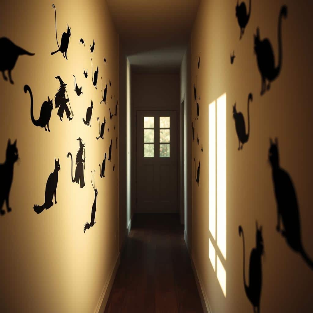 A narrow hallway with black silhouettes