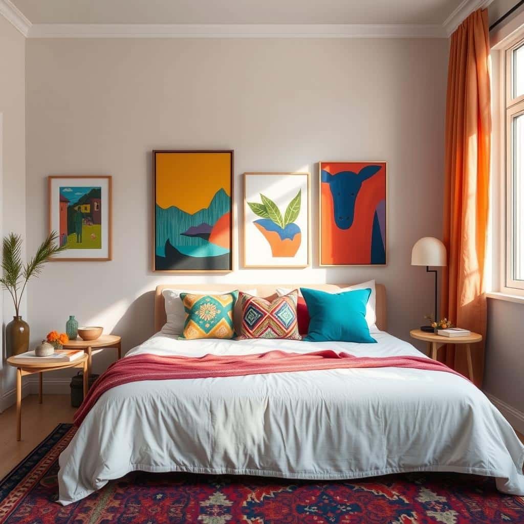 A neutral bedroom brought to life with colorful artwork