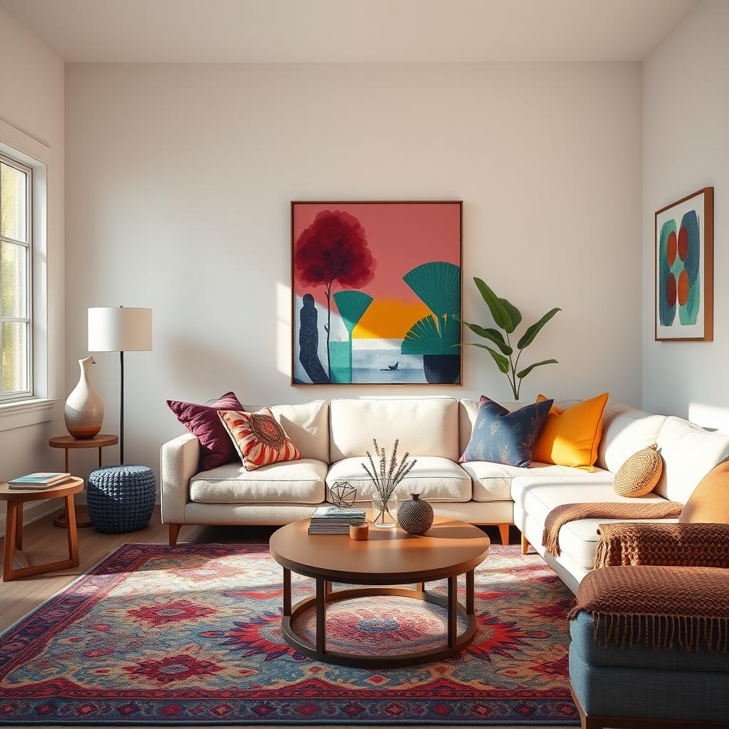 A neutral living room brought to life with colorful accent pieces