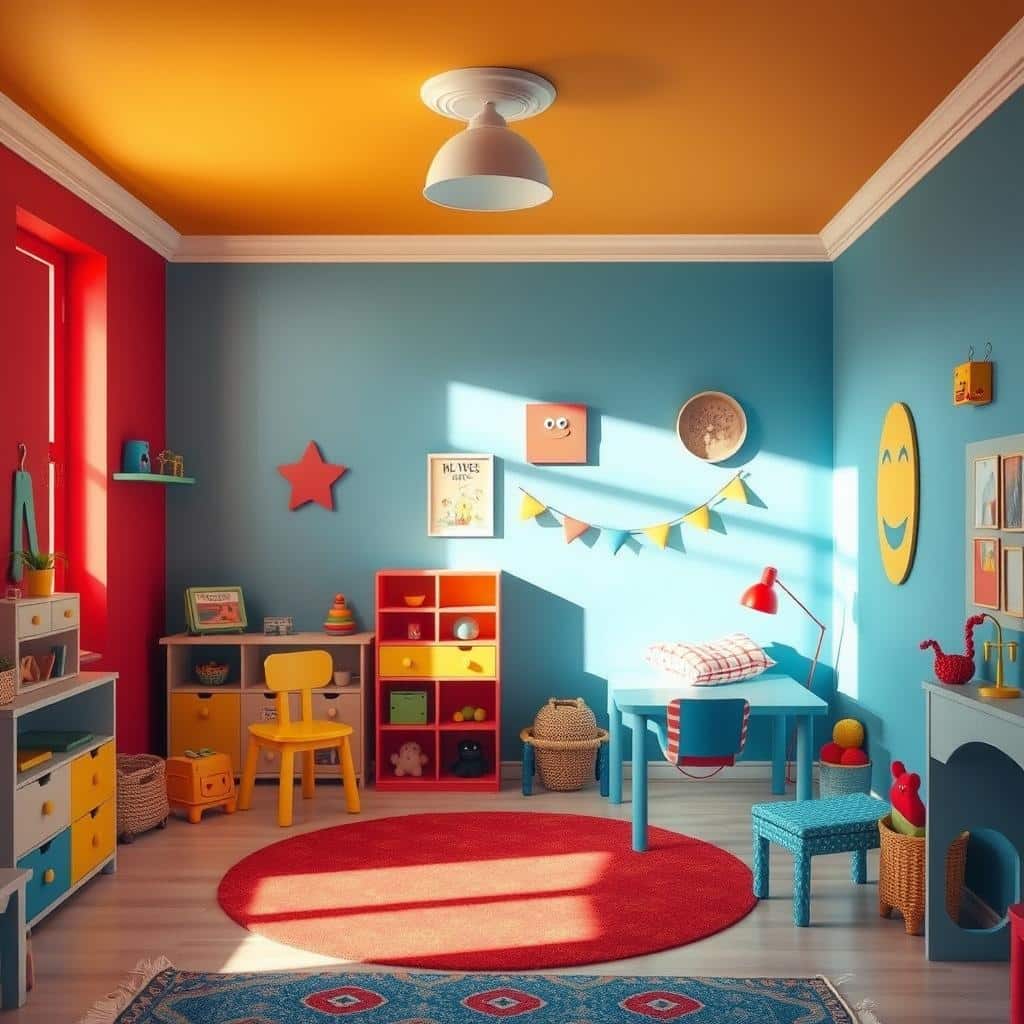 A playful childrens room featuring a triadic color scheme of red yellow and blue