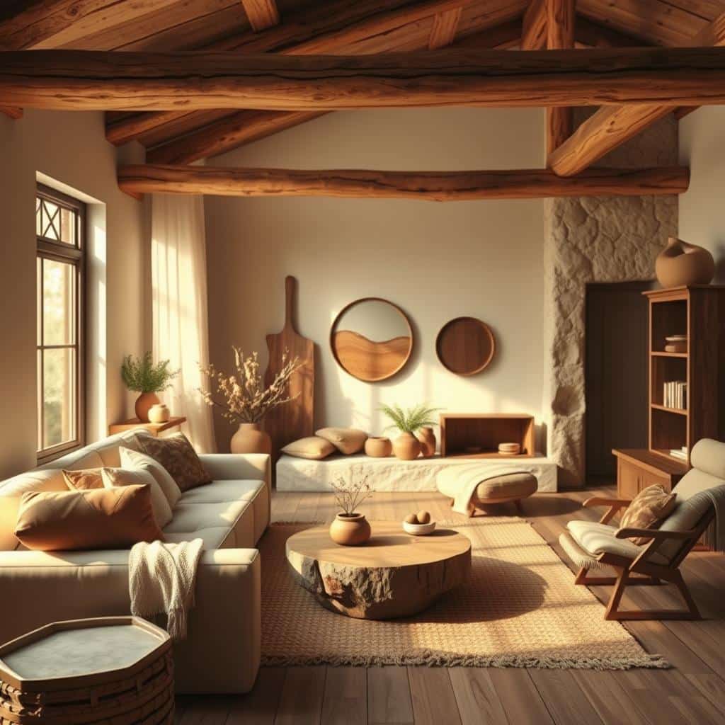 A rustic modern living area showcasing earth tones