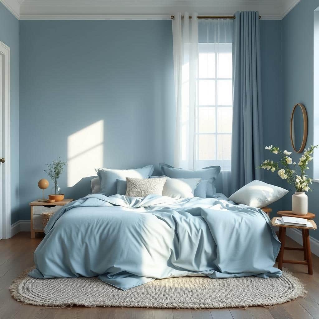 A serene bedroom showcasing a calming blue color scheme with plush bedding and soft furnishings