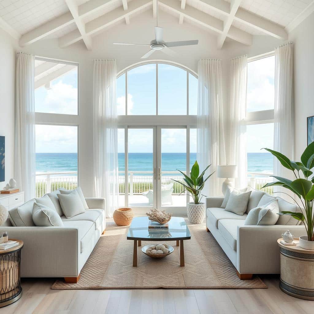 A serene coastal living room featuring large windows with ocean views