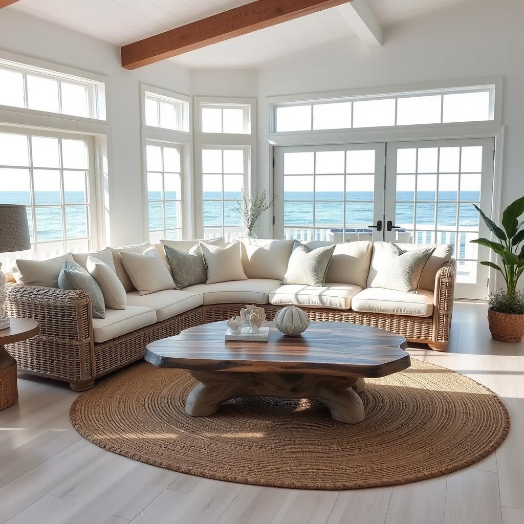 A serene coastal living room featuring light