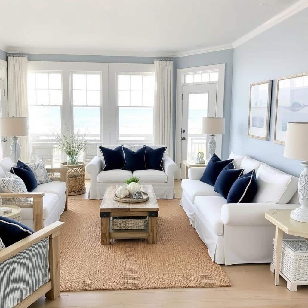 A serene coastal living room featuring nautical decor