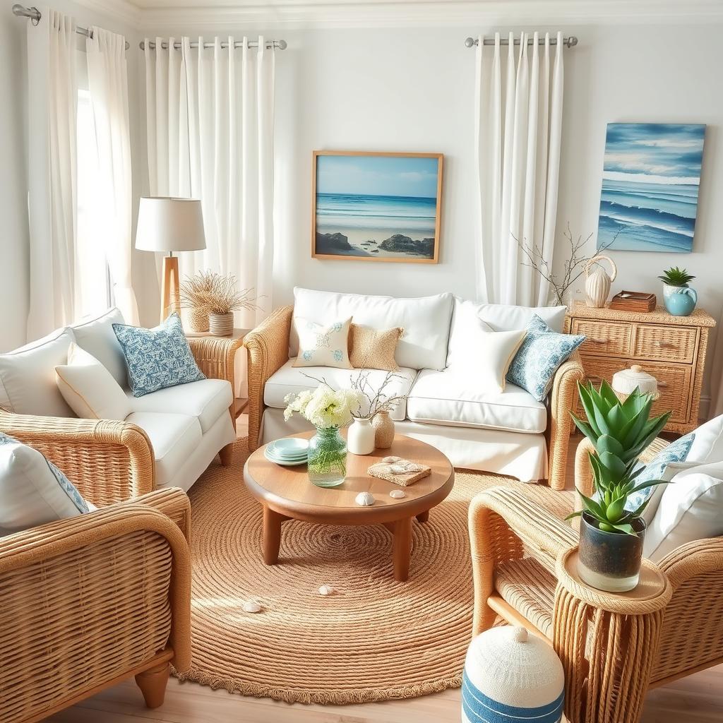 A serene coastal living room setting featuring soft ocean hues