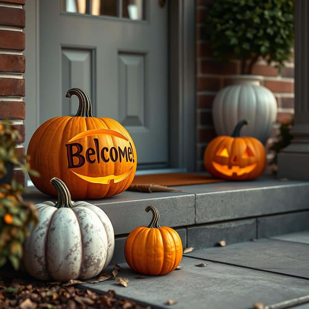 A small front stoop with pumpkins