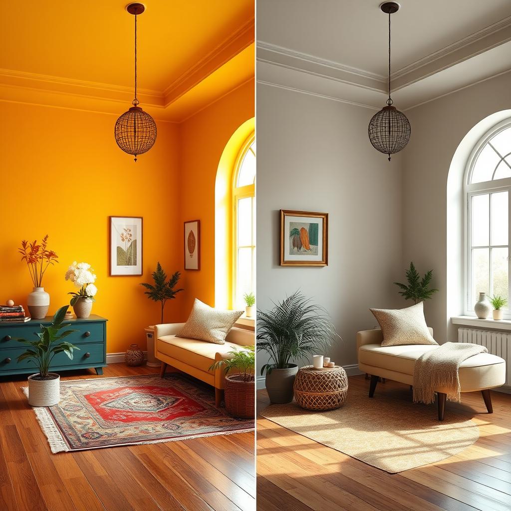 A split screen image showing the same room decorated in two contrasting color schemes