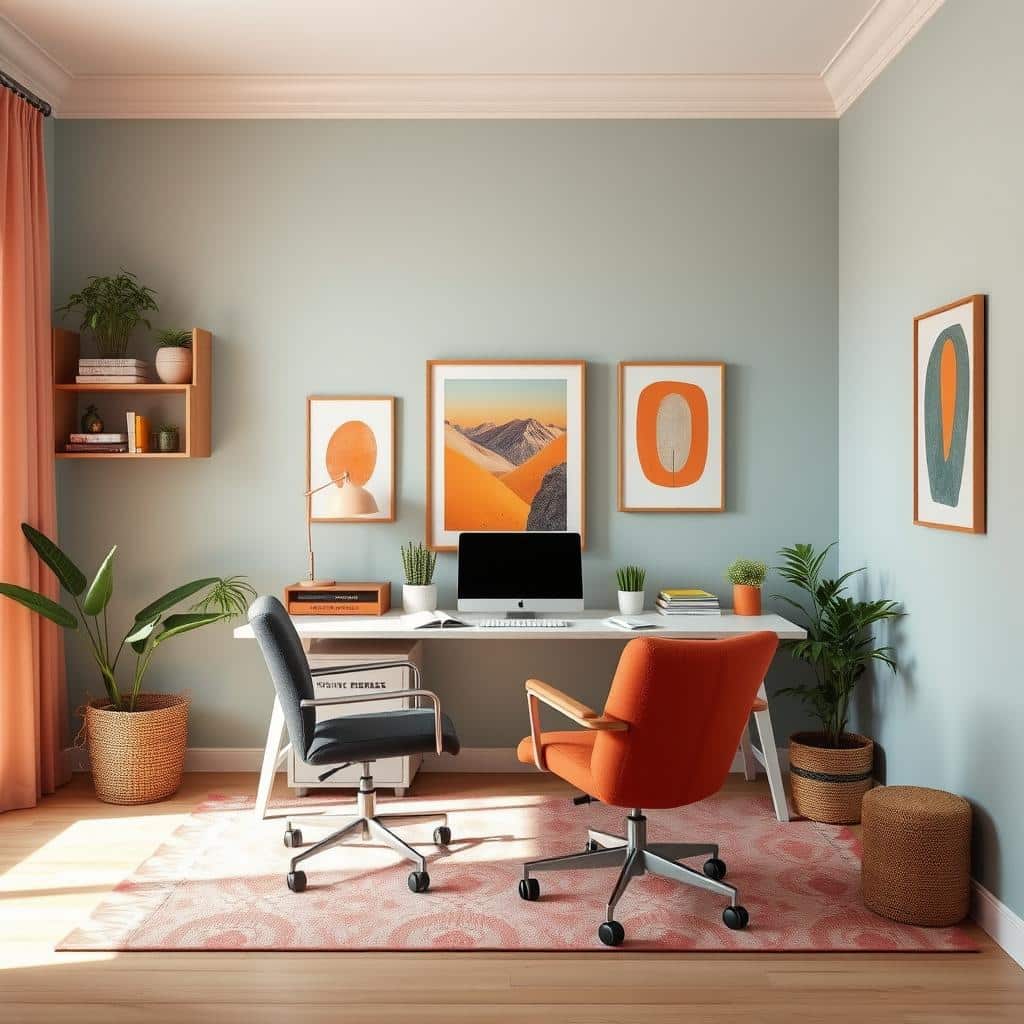 A stylish home office featuring a color scheme designed to enhance productivity