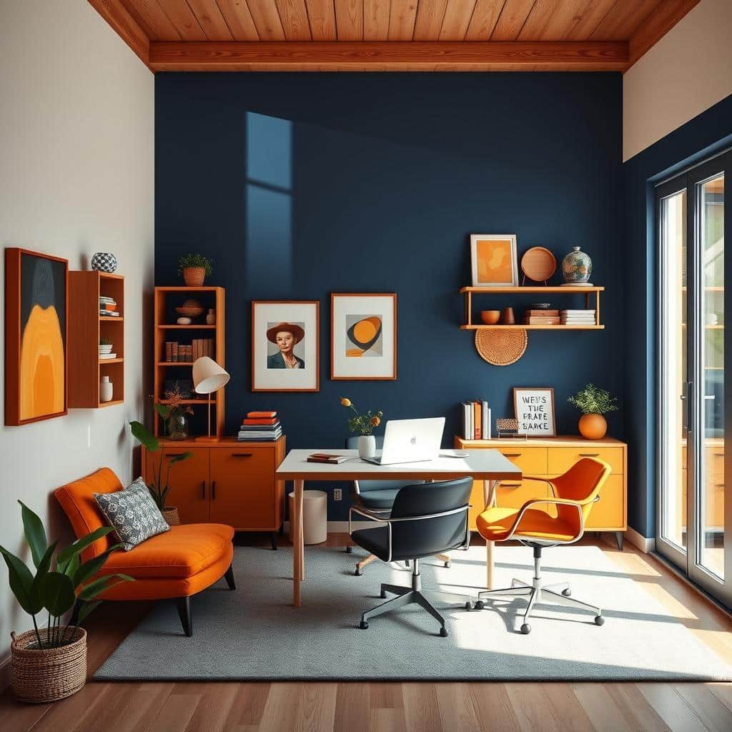 A stylish home office featuring complementary colors of deep blue and warm orange