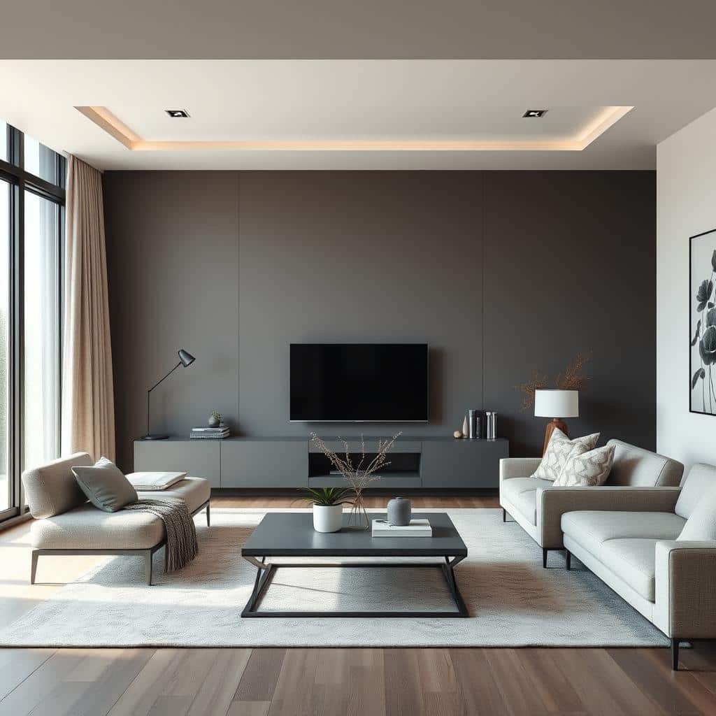 A stylish living room featuring various shades of gray and beige