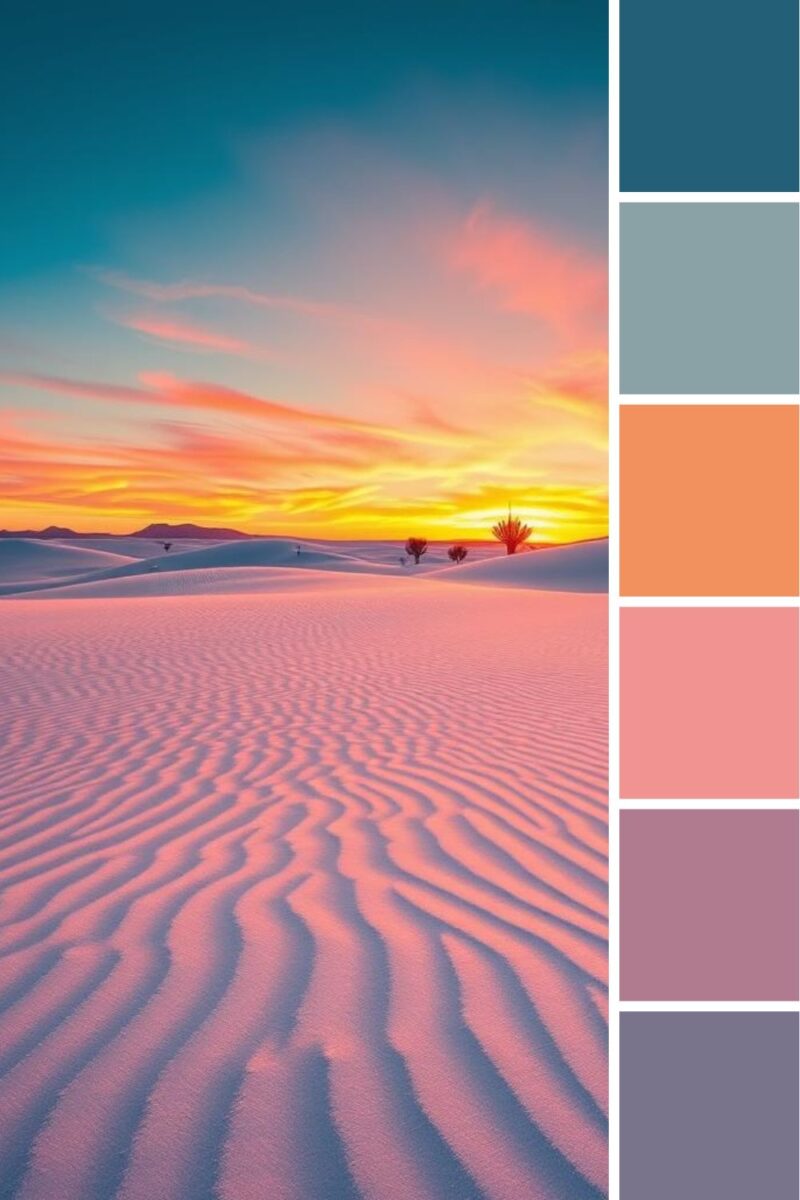 A sweeping vista of White Sands National Monument at sunset