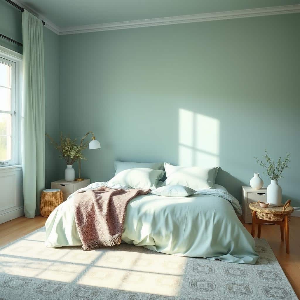 A tranquil bedroom decorated in an analogous color scheme of soft blues and greens