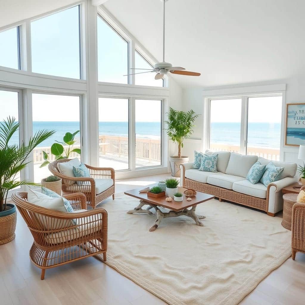 A tranquil coastal living room with large windows overlooking the ocean