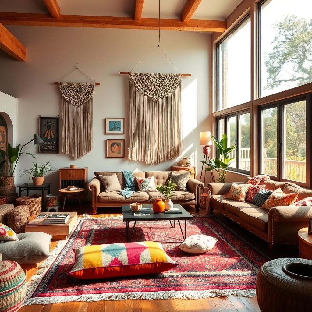 A vibrant bohemian living room with eclectic furnishings