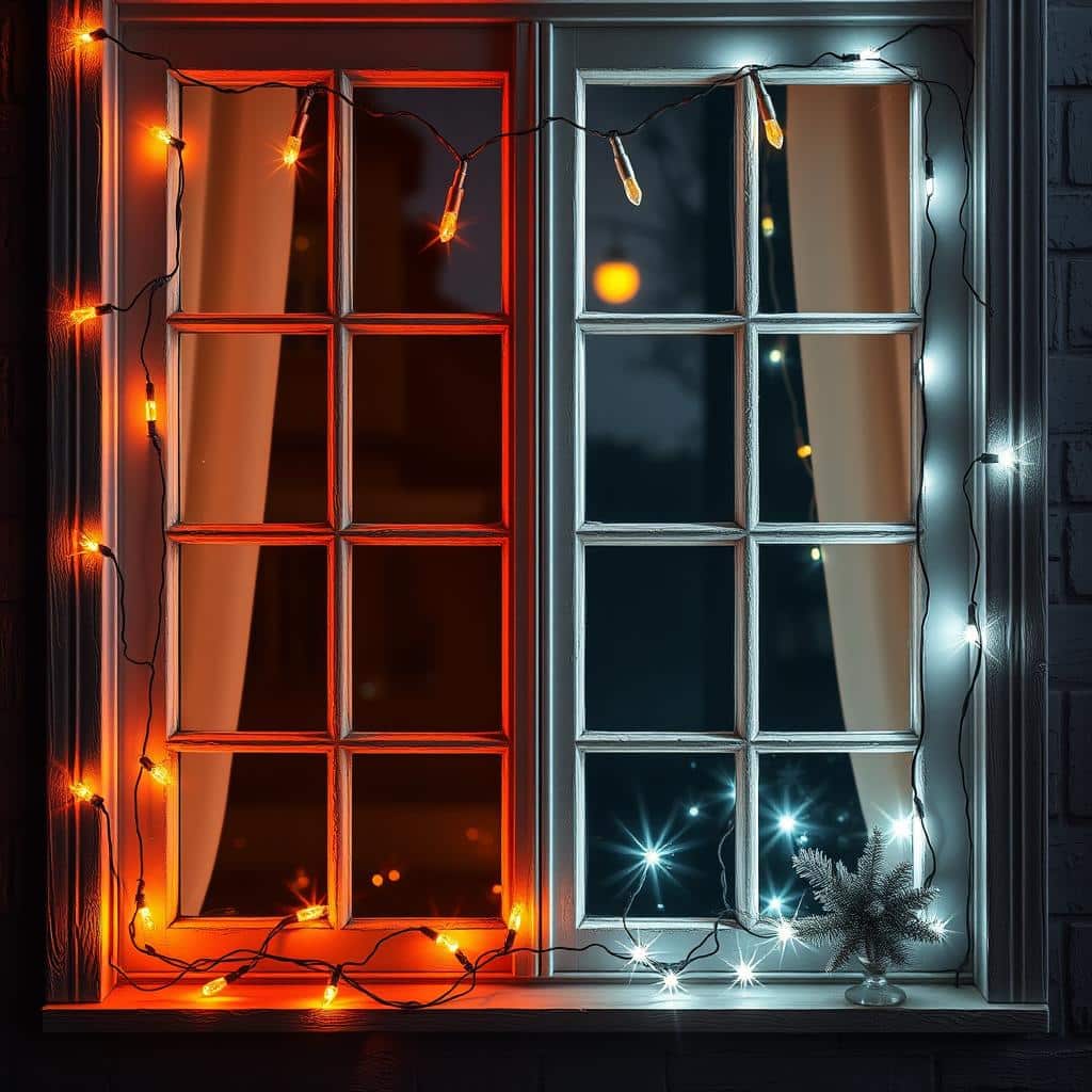 A window frame decorated with string lights