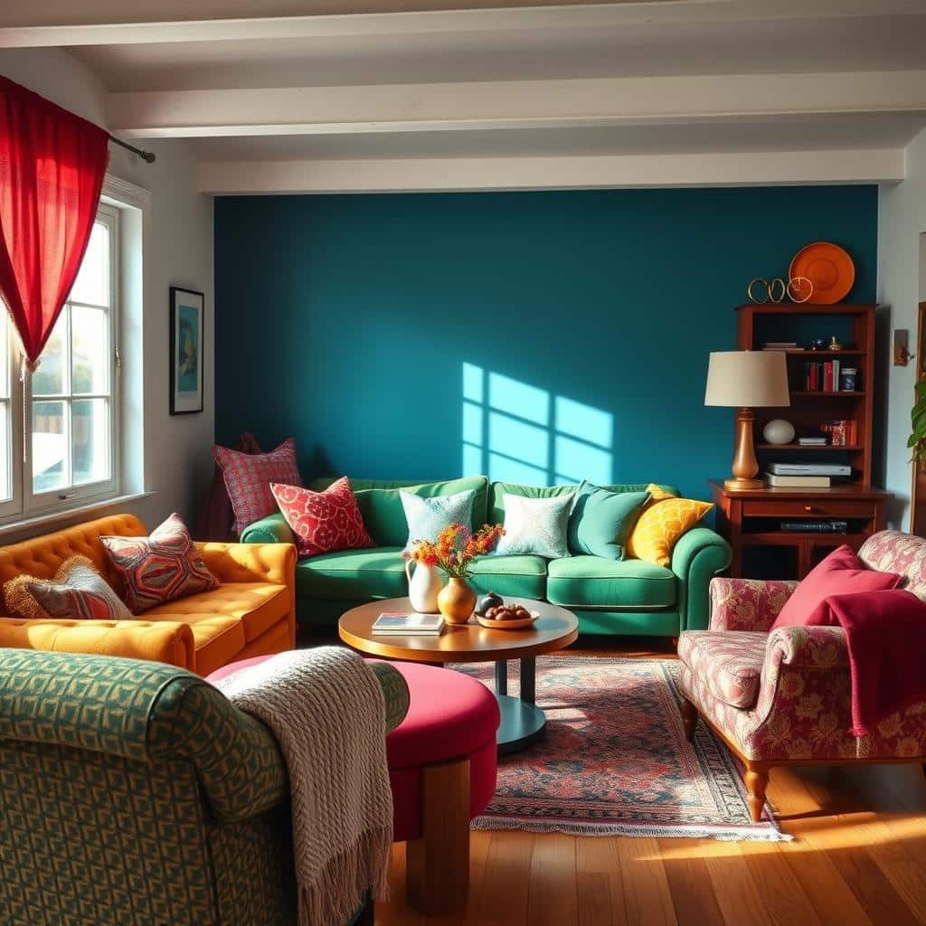 An eclectic living space featuring a vibrant velvet sofa