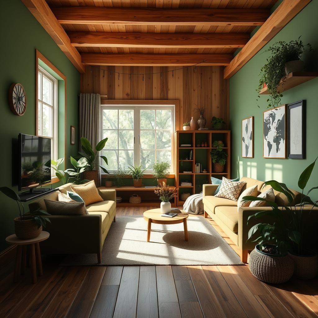 An eco friendly living room featuring a nature inspired color palette