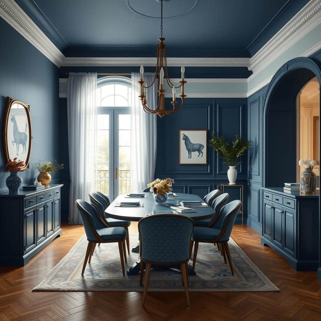 An elegant dining room designed in various shades of blue