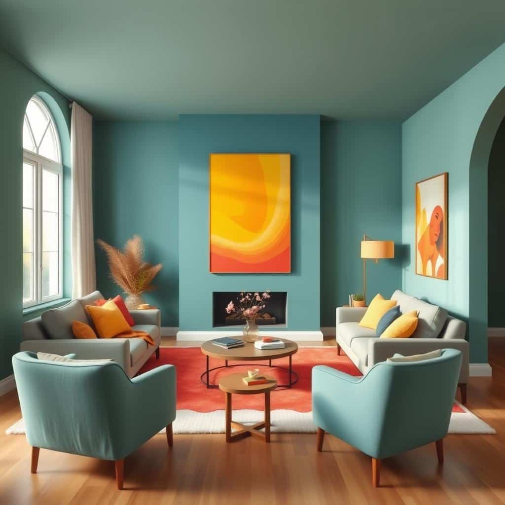 An inviting living room showcasing a split complementary color scheme with a base of blue green