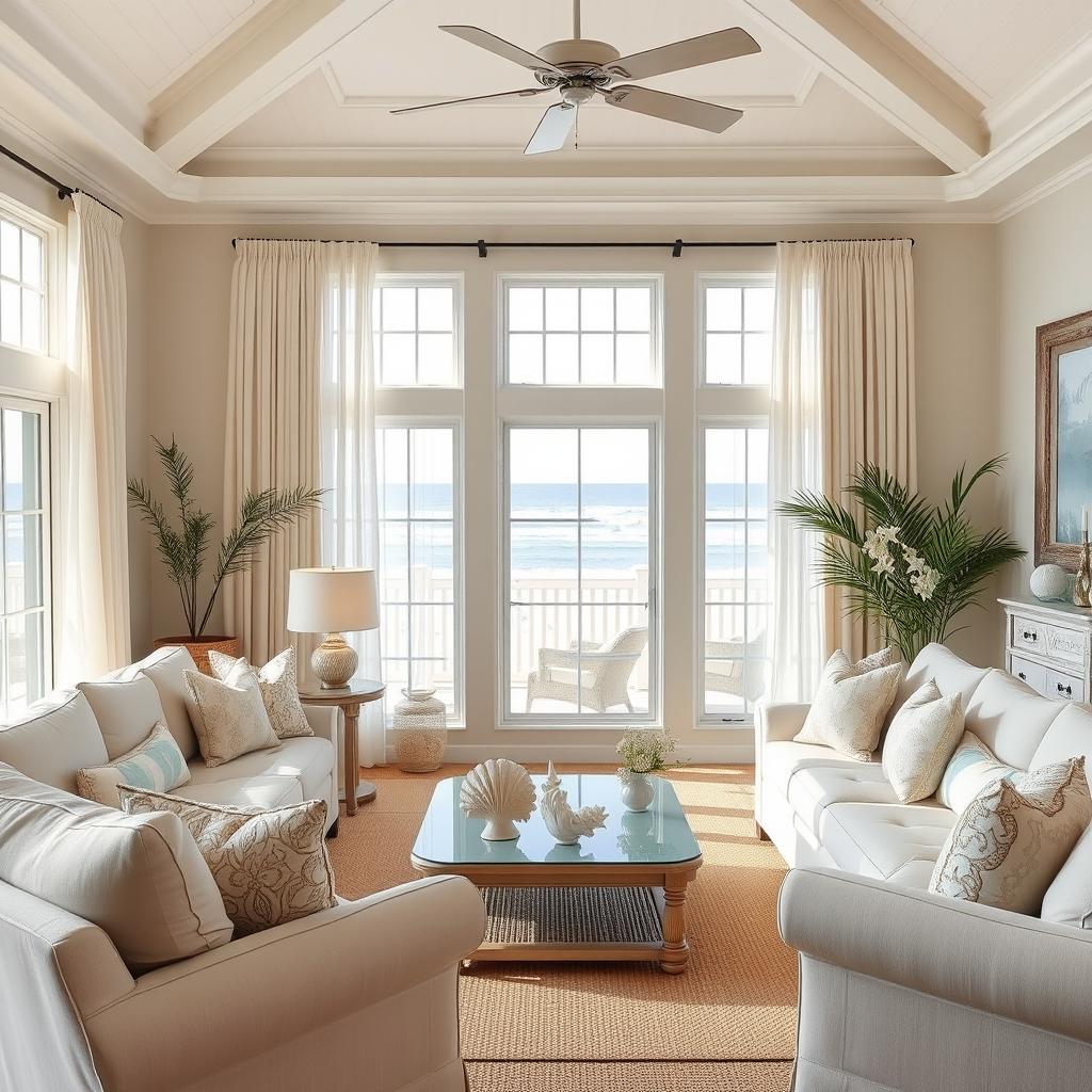 Bright coastal living room featuring Seashells