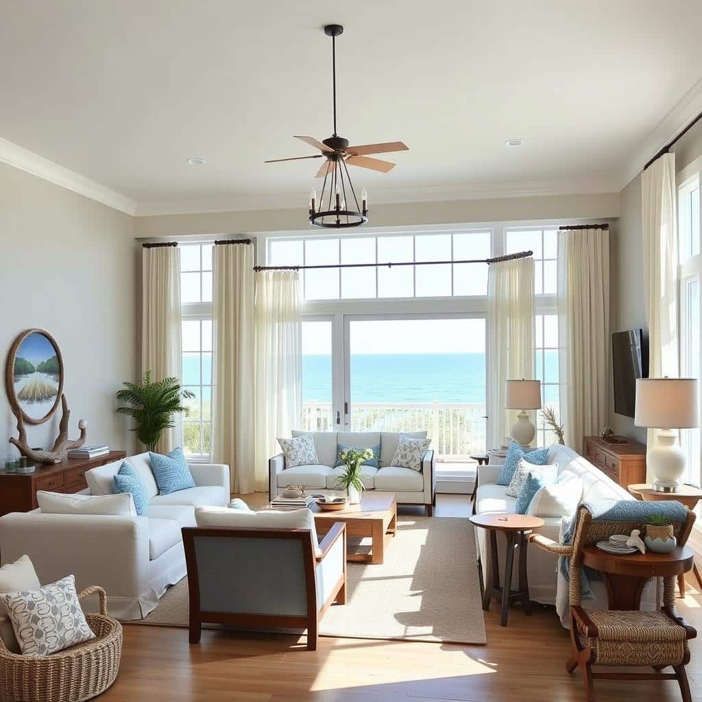 Bright coastal living room illuminated by natural light, featuring soft pendant lights with nautical designs