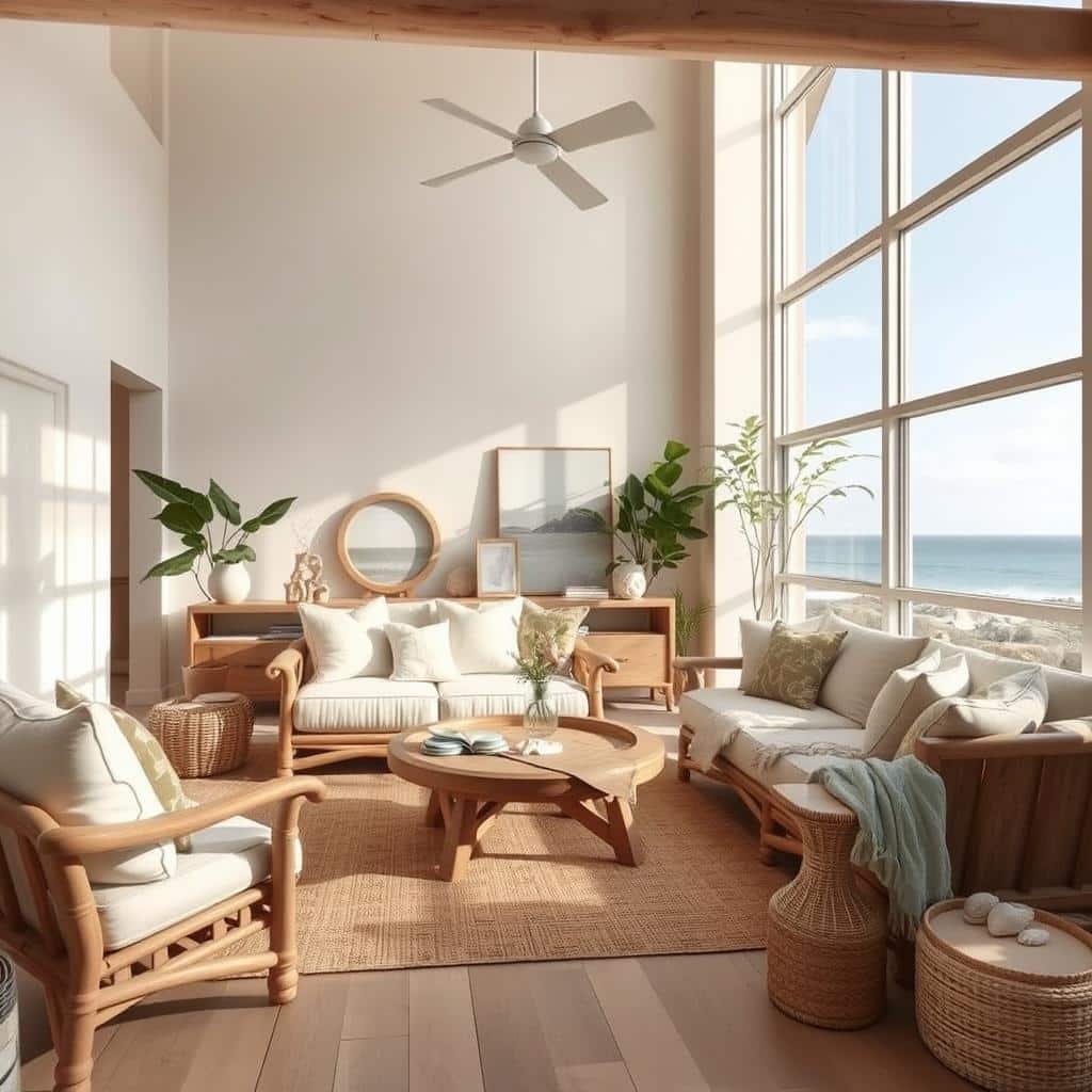 Coastal living room featuring natural elements