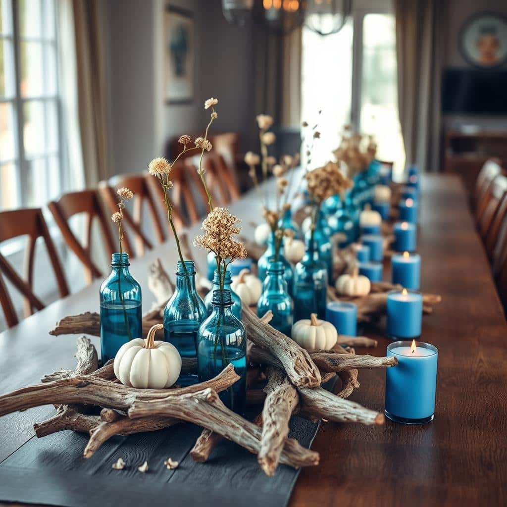 Driftwood and Blue Glass Centerpiece