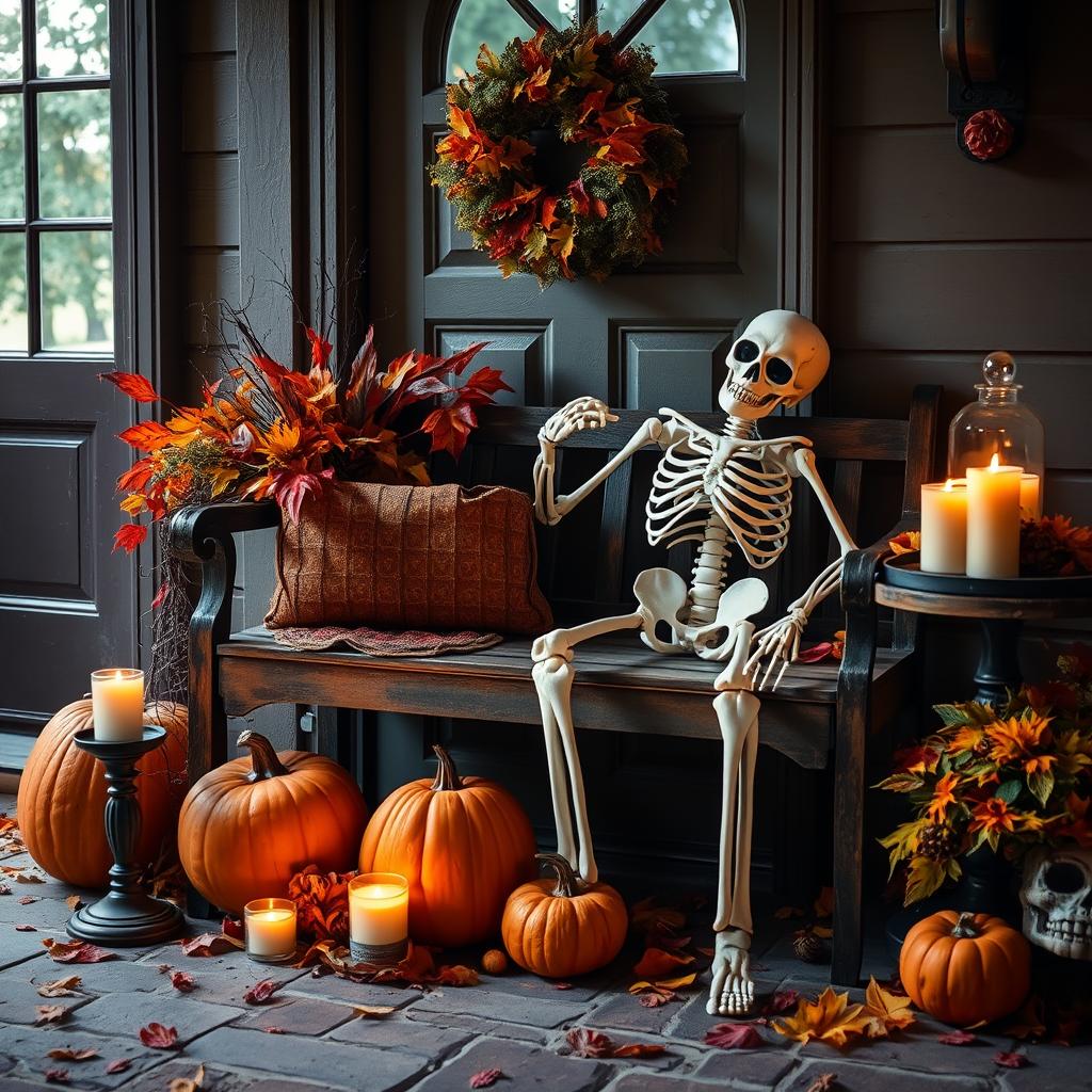 Spooky skeleton on entryway bench